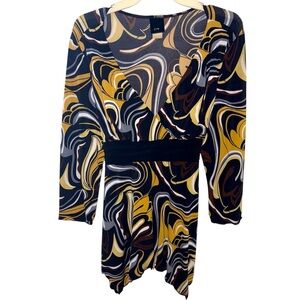 Vintage J.t.b Y2K Abstract‎ Swirl Multi-Color V-Neck Waist Tie Dress Size Large